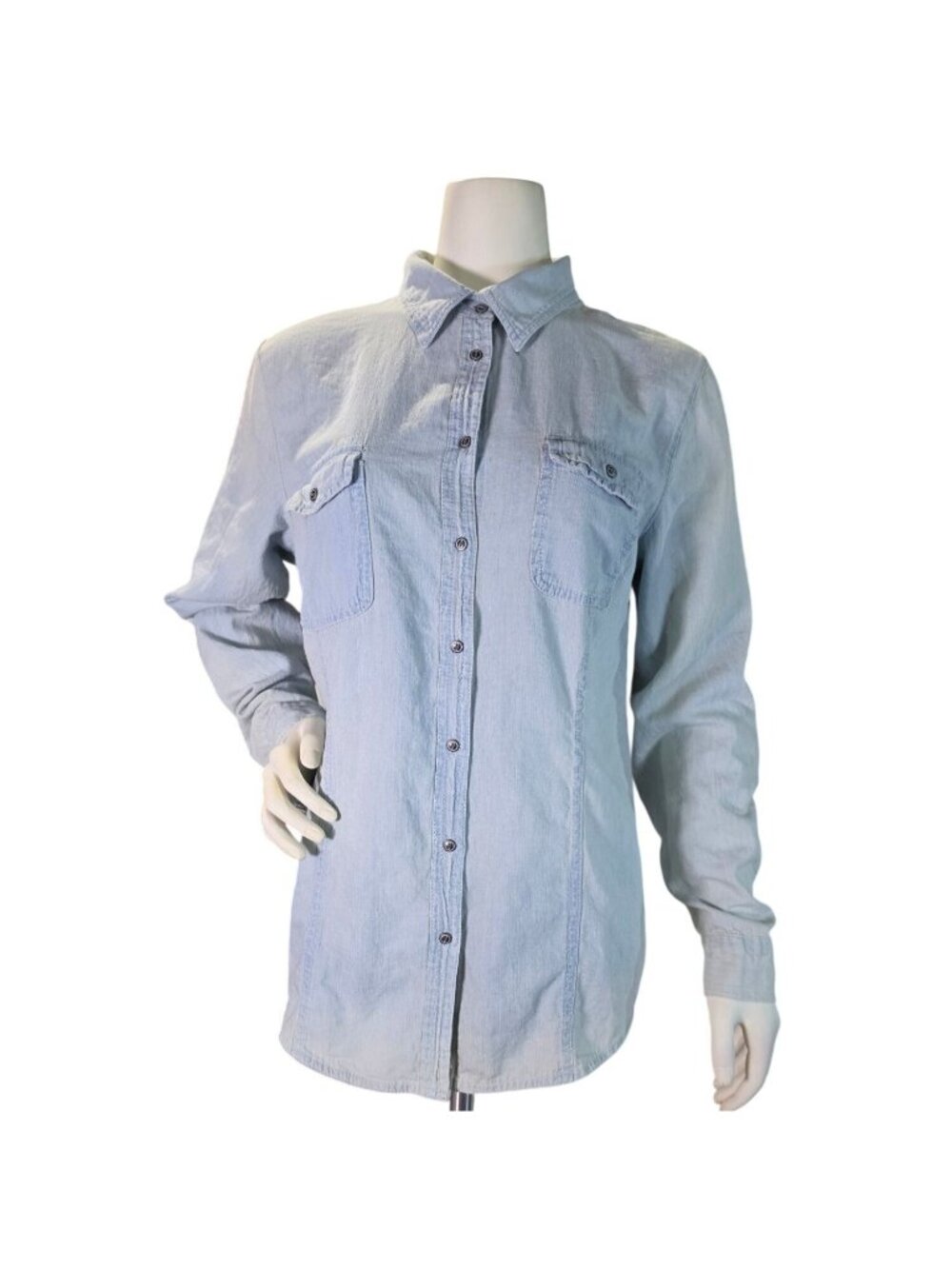 Nine West Vintage America Lara Chambray Shirt L Soft Lightweight Blue Denim